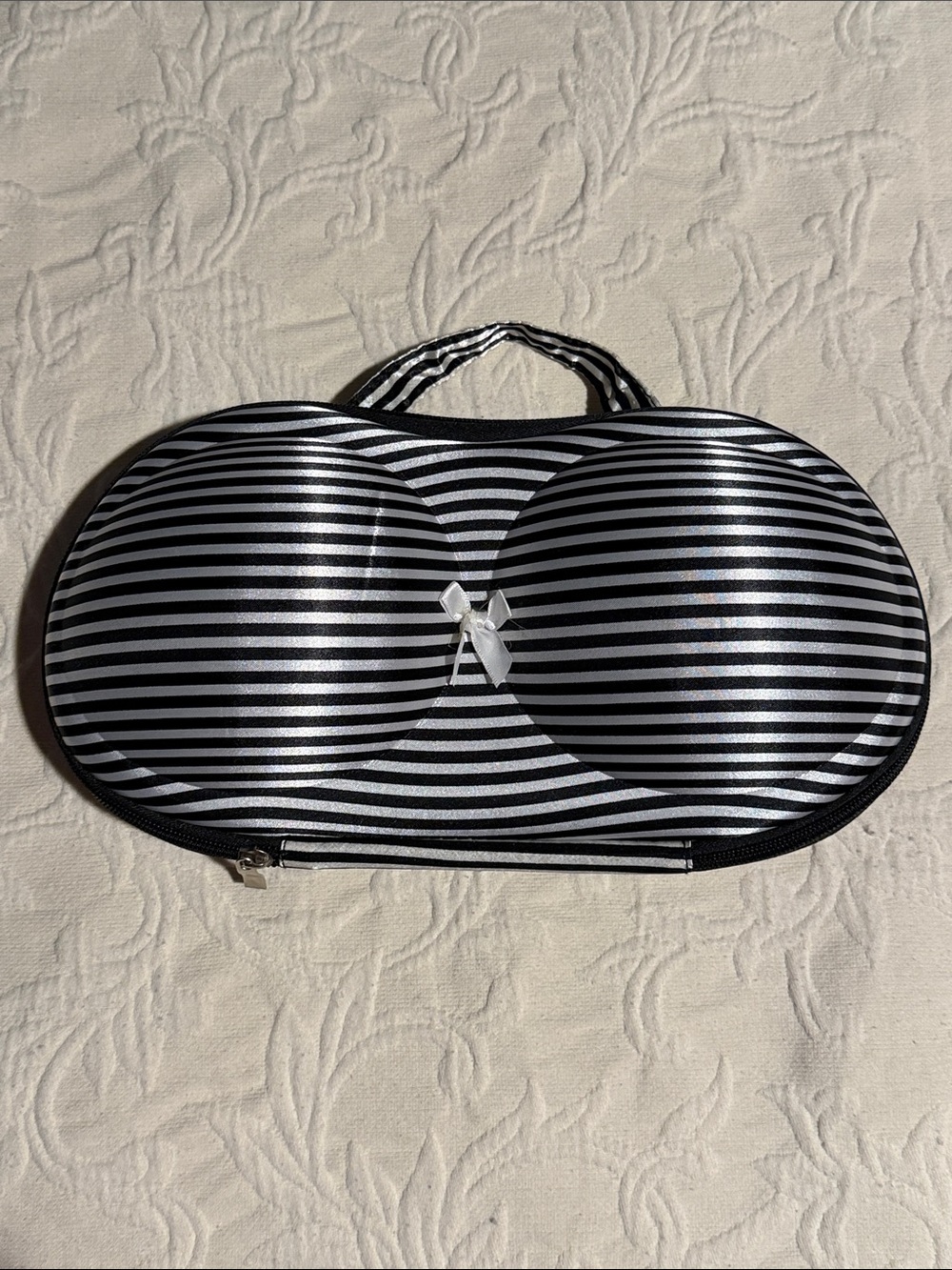 Striped Black and White Bra Travel Case with Bow